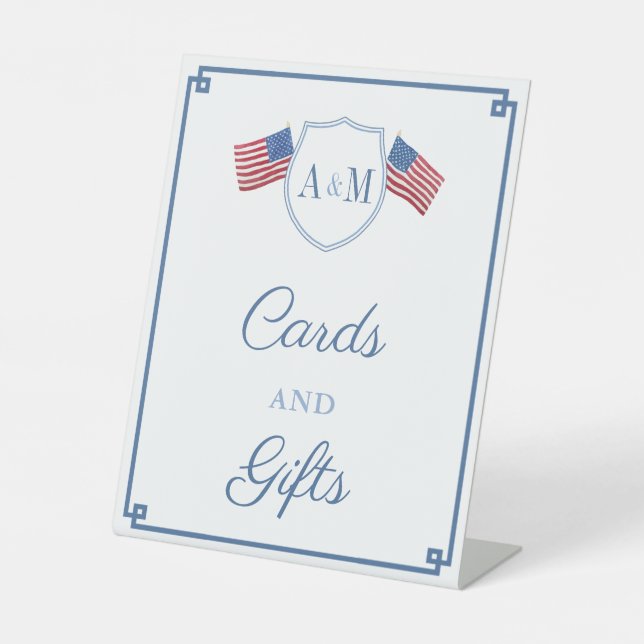 Classic Red Blue Monogram Wedding Cards and Gifts Pedestal Sign (Front)