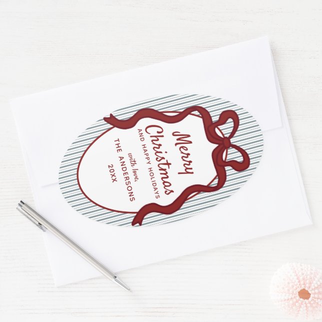 Classic Red Blue Stripes & Bow Frame Christmas  Oval Sticker (Envelope)