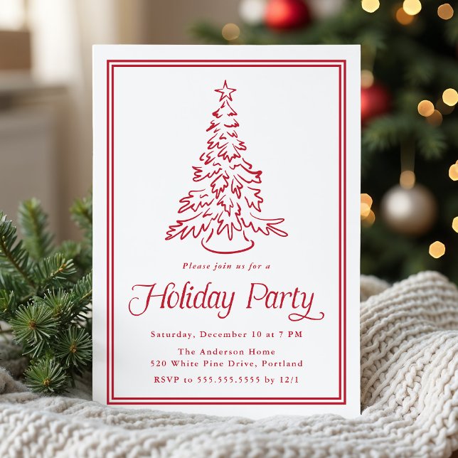 Classic Red Border Christmas Tree Holiday Party Invitation (Creator Uploaded)