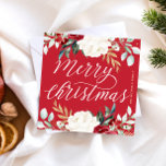 Classic Red Botanical Floral Merry Christmas Card<br><div class="desc">Beautiful watercolor botanical floral Christmas greeting card features pretty white flowers with stylish gold and green leafy greenery with elegant Merry Christmas calligraphy script,  and a classic holiday red background. Personalise with your name!</div>