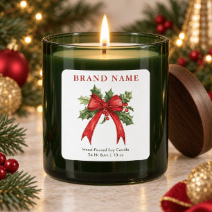 Classic Red Bow and Christmas Holly Candle Label