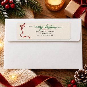 Classic Red Bow Green Script Christmas Address Return Address Label