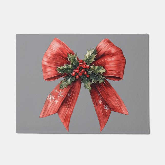Classic Red Bow & Holly Doormat (Front)