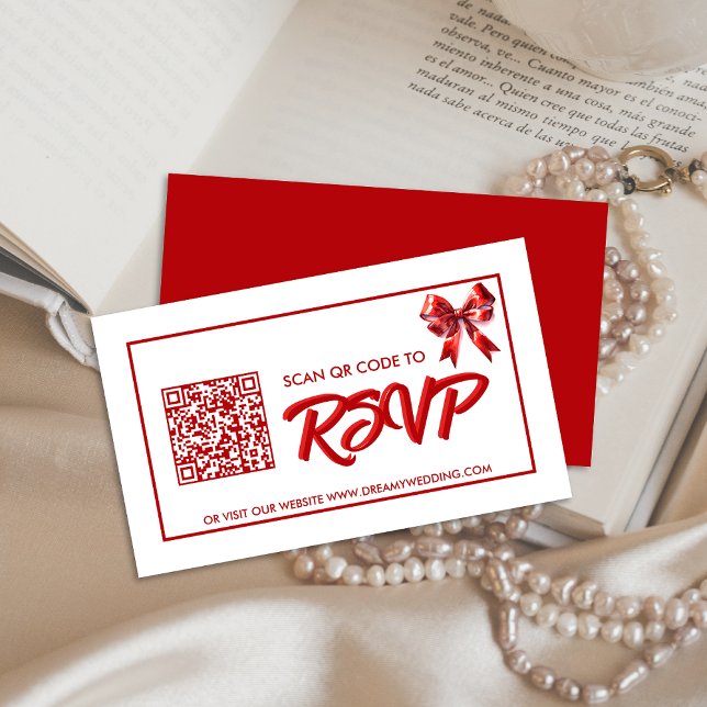 Classic Red Bow Wedding RSVP QR Code Enclosure Card (Creator Uploaded)