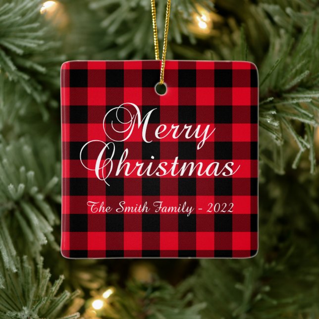 Classic Red Buffalo Plaid Christmas Family Photo Ceramic Ornament (Tree)