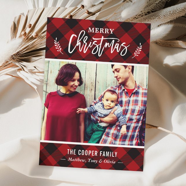 Classic Red Buffalo Plaid Merry Christmas Photo Holiday Card (Creator Uploaded)