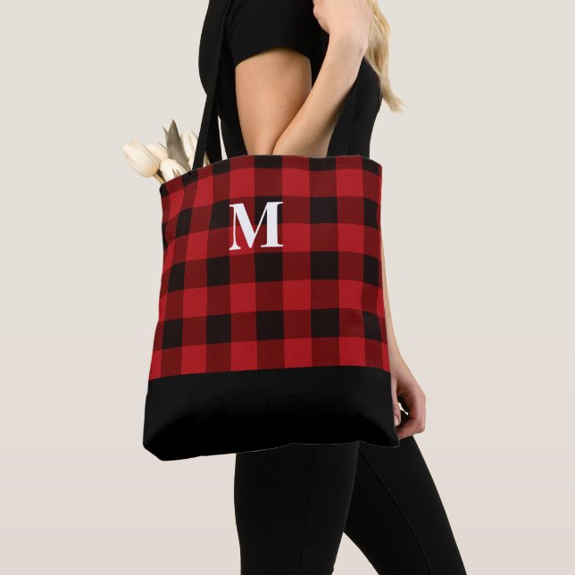 Classic Red Buffalo Plaid Monogram Tote Bag (Close Up)