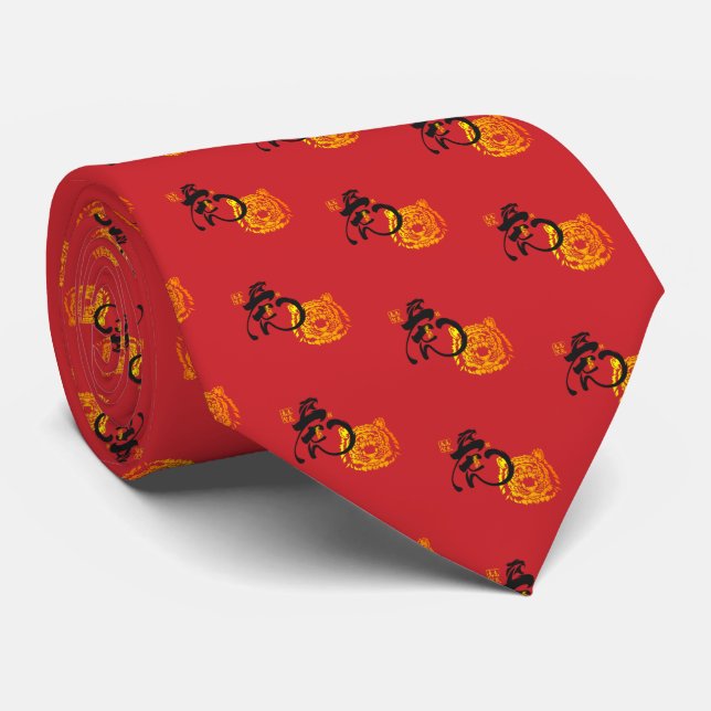 Classic Red Chinese Zodiac Tiger Ben Ming Nian Tie (Rolled)