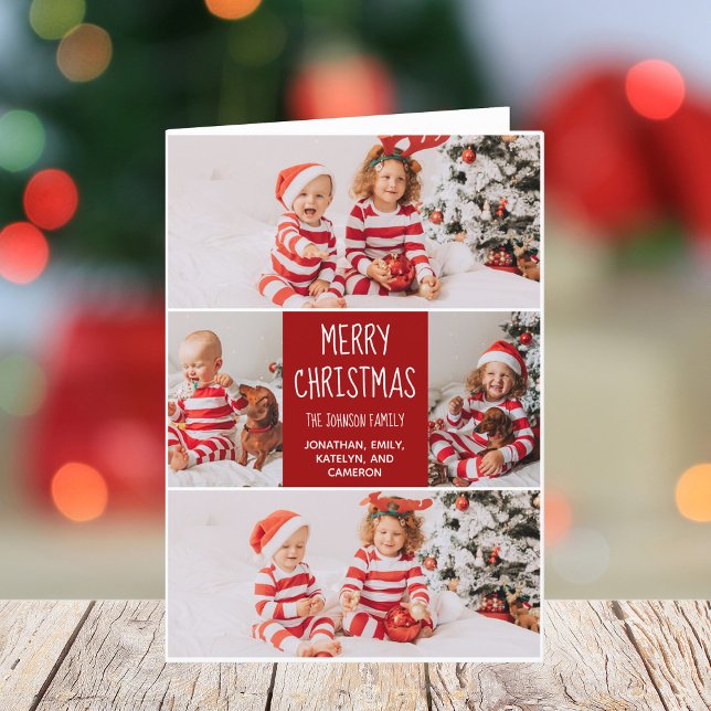 Classic Red Christmas Family Photo Collage Folded Holiday Card (Creator Uploaded)