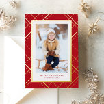 Classic red Christmas plaid one photo elegant Foil Holiday Card<br><div class="desc">Chic and stylish, this one-photo Christmas card is the perfect way to send holiday greetings to friends and family. A gold plaid frames a single vertical photo. The two text spots can be customised with your own greeting, name, year or any other message. The back is a matching red with...</div>