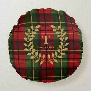 Classic Red Christmas Plaid With Monogram Wreath Round Cushion