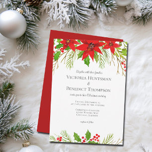 Classic Red Christmas Poinsettia Floral Wedding Invitation