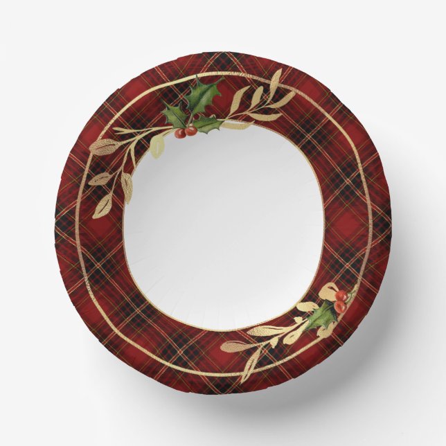 Classic Red Christmas Tartan, Holly & Gold Leaves Paper Plate (Front)
