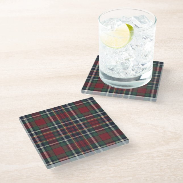 Classic Red Dark Blue Green Plaid Pattern Glass Coaster (Angled)