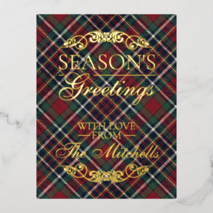 Classic Red Dark Blue Green Plaid Pattern Gold Foil Holiday Postcard