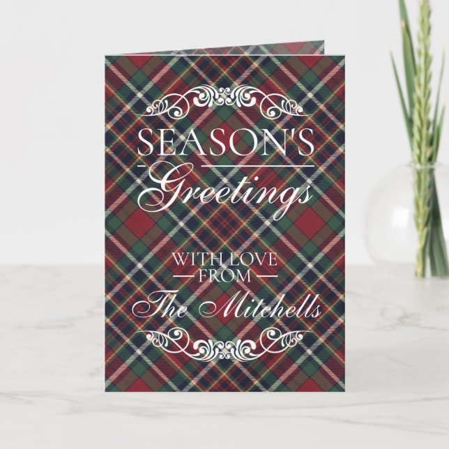 Classic Red Dark Blue Green Plaid Pattern Holiday Card (Front)