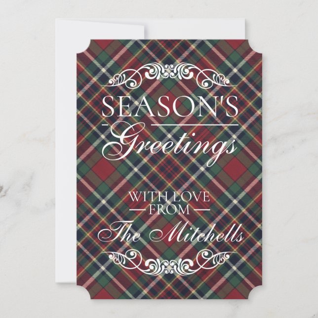 Classic Red Dark Blue Green Plaid Pattern Holiday Card (Front)