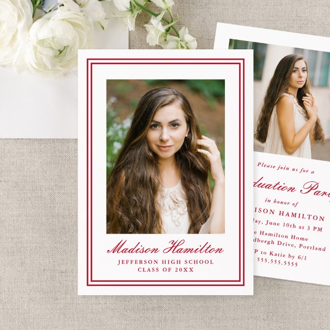 Classic Red Double Border Frame Photo Graduation Invitation (Creator Uploaded)