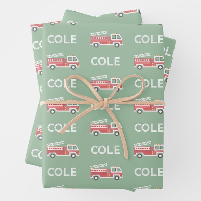 Classic Red Firetruck Custom Firefighter Theme Wrapping Paper Sheet (In situ)