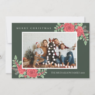 Classic Red Floral Christmas Photo Holiday Card