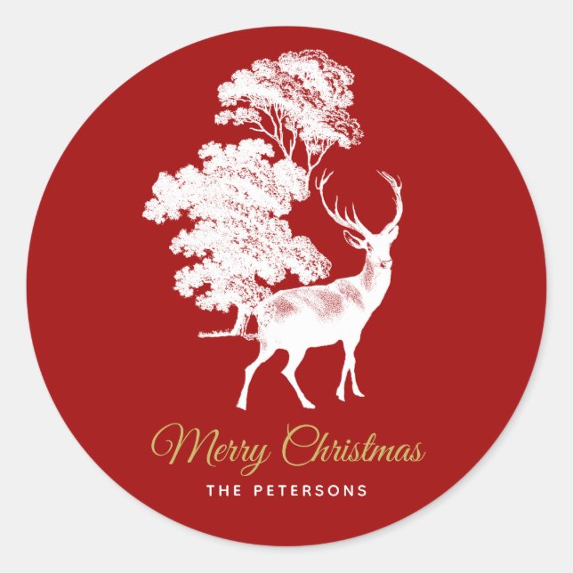 Classic Red French Toile Deer in Forest Round Sticker (Front)