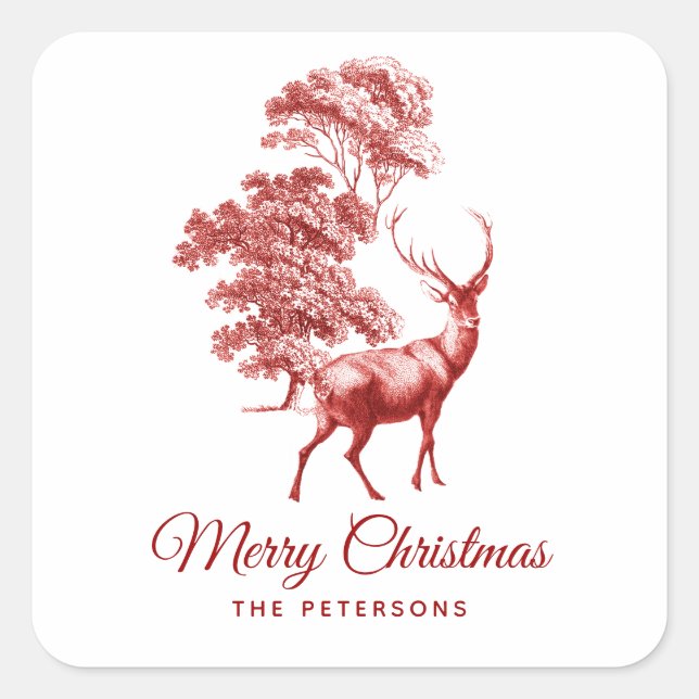 Classic Red French Toile Deer in Forest Square Sticker (Front)