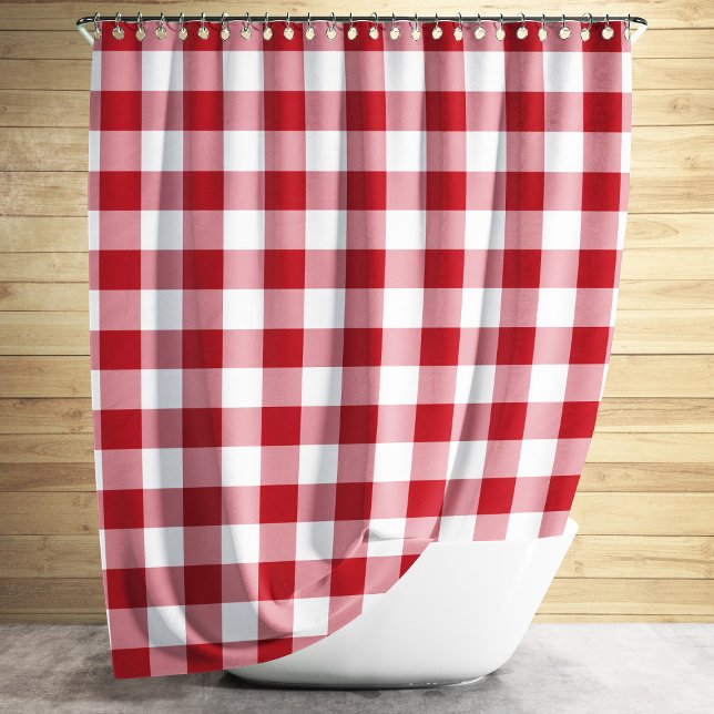 Classic Red Gingham Plaid Shower Curtain (Red And White Checkered Gingham Pattern Design Shower Curtain)