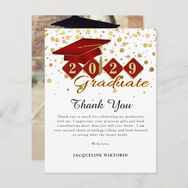 Classic Red Gold Graduation Photo Thank You Card (Front/Back)