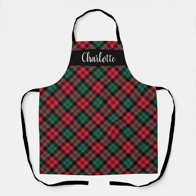 Classic Red Green Black Watch Plaid Monogram Apron (Front)