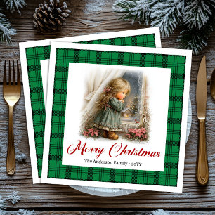 Classic Red Green Christmas Scene Custom Napkins