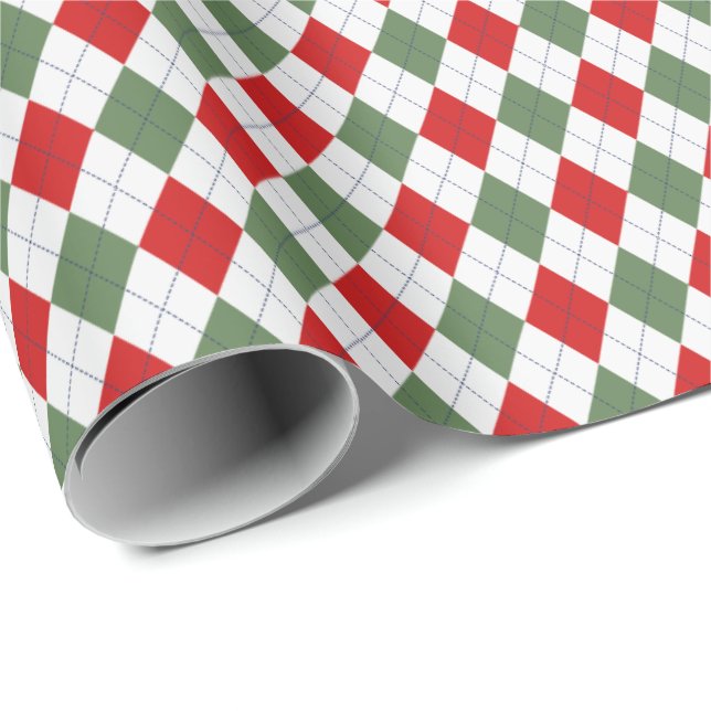 Classic Red Green Christmas Small Argyle Diamonds Wrapping Paper (Roll Corner)