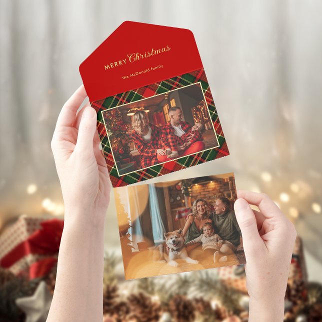 Classic Red, Green, Gold Christmas Plaid 1-Photo All In One Invitation (Creator Uploaded)