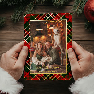 Classic Red, Green, Gold Christmas Plaid 1-Photo Foil Holiday Card
