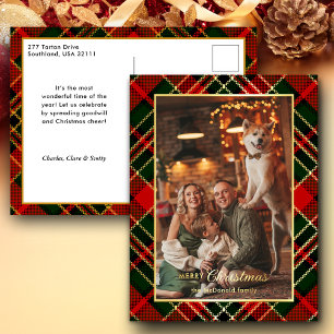 Classic Red, Green, Gold Christmas Plaid 1-Photo Foil Holiday Postcard