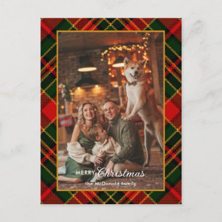 Classic Red, Green, Gold Christmas Plaid 1-Photo Holiday Postcard