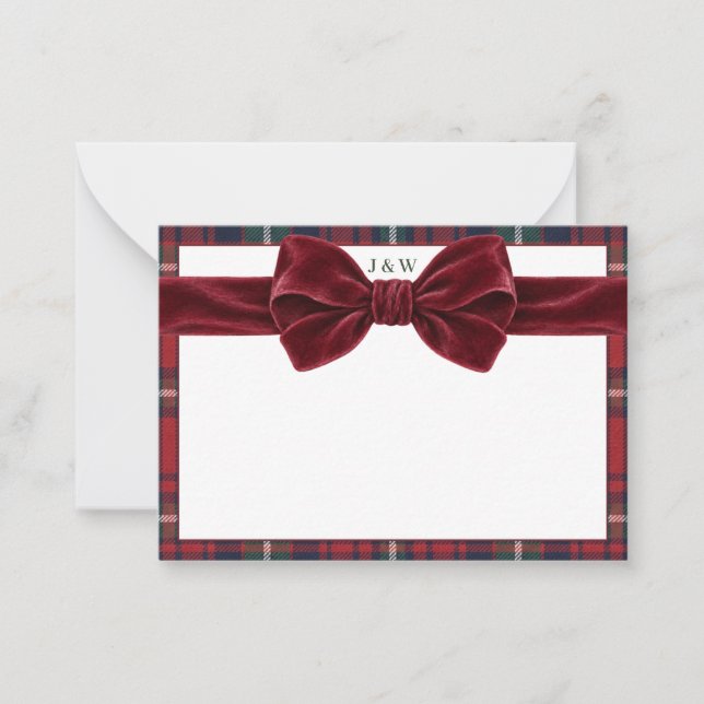 Classic Red Green Plaid & Bow Custom Initials Card (Front)