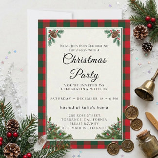 Classic Red Green Plaid Christmas Party Invitation