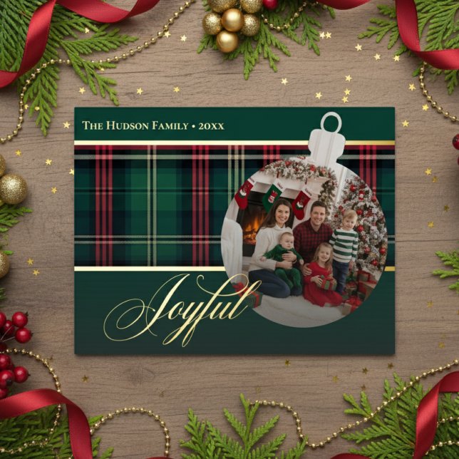 Classic Red Green Plaid Joyful Bulb Photo Foil Holiday Postcard (Creator Uploaded)
