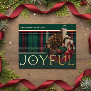 Classic Red Green Plaid Joyful Bulb Photo Foil Holiday Postcard