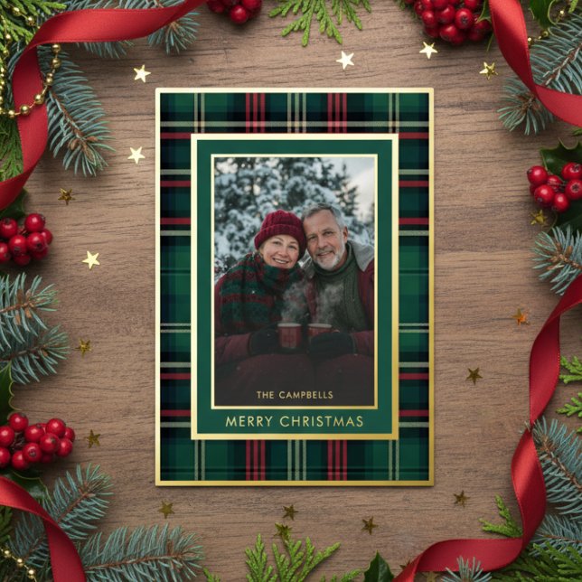 Classic Red Green Plaid Merry Christmas Photo Foil Holiday Card (Creator Uploaded)