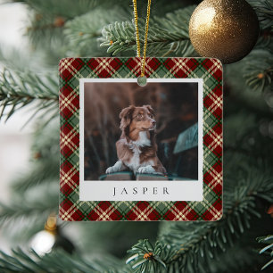 Classic Red Green Plaid Personalised Pet Dog Photo Ceramic Ornament