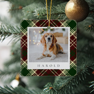 Classic Red Green Plaid Personalised Pet Dog Photo Ceramic Ornament