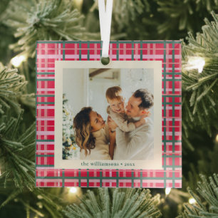 Classic Red Green Plaid Photo Keepsake Christmas Glass Tree Decoration