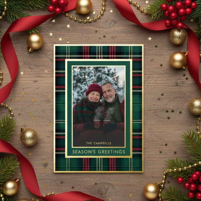 Classic Red Green Plaid Season's Greetings Photo Foil Holiday Card (Creator Uploaded)