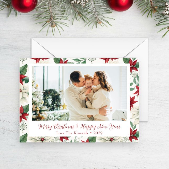 Classic Red & Green Pointsetta Holiday Photo Card (Creator Uploaded)