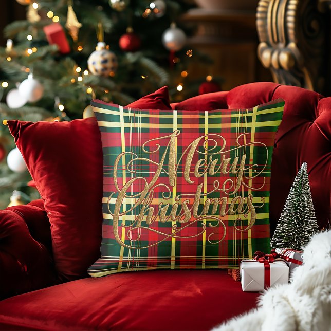 Classic Red & Green Tartan Christmas Throw Pillow  (Festive Classic Christmas Tartan Merry Christmas Decorative Pillow)