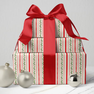 Classic Red & Green Vintage Cottage Stripe Floral Wrapping Paper