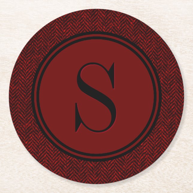 Classic Red Herringbone Monogram Round Paper Coaster (Front)