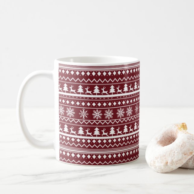 Classic Red Holiday Christmas Sweater Pattern Coffee Mug (With Donut)