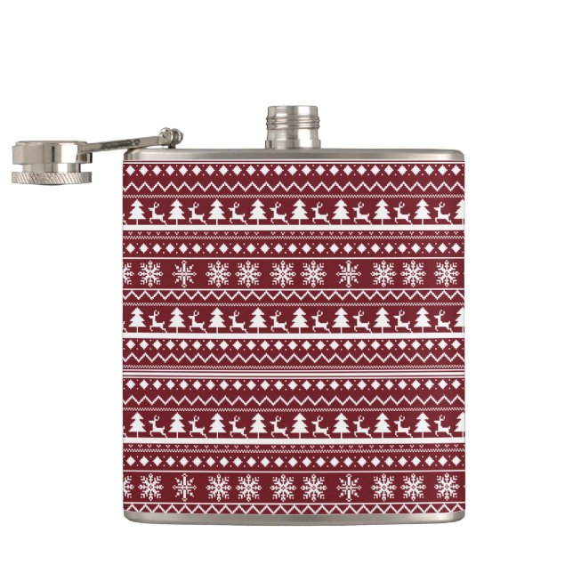 Classic Red Holiday Christmas Sweater Pattern Hip Flask (Opened)